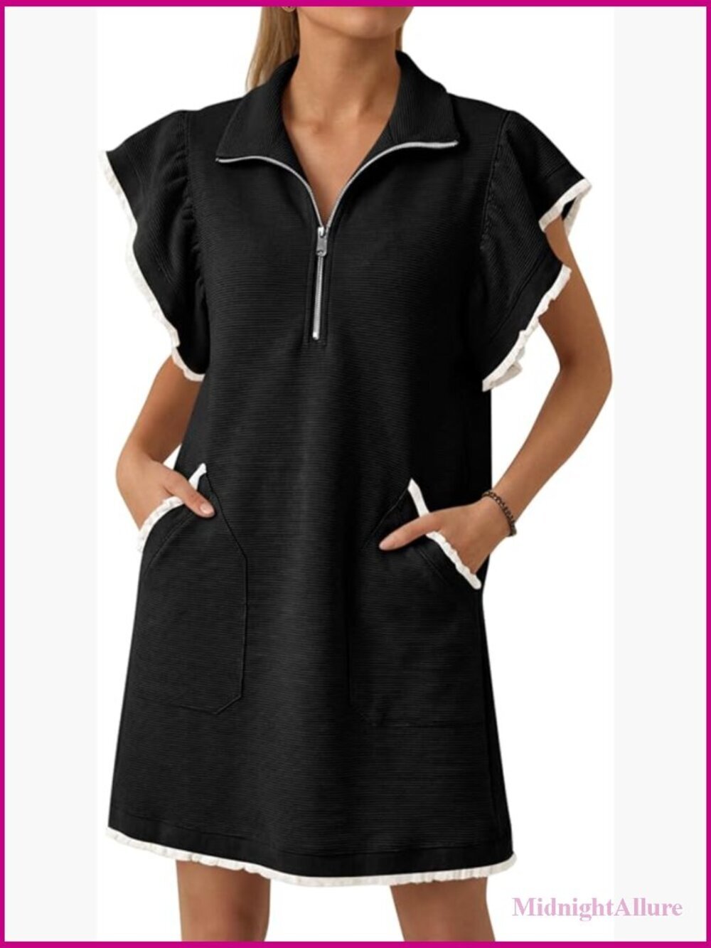 Ruffle Cap Sleeve Sweatshirt Dress Summer Oversized Quarter Zip Mini